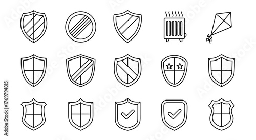 Collection of outline shield icons and symbols, including a kite and a radiator, presented in a linear, cartoon style suitable for graphics, web design, apps, and various card designs, all on a clean