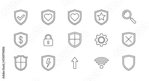 Collection of minimalistic thin line icons representing protection and security concepts, including shields with checkmarks, hearts, stars, dollar signs, locks, and cross marks, alongside a