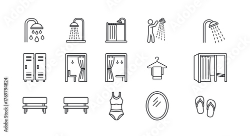 Collection of line icons representing shower and changing room facilities, including showers, lockers, changing cubicles, benches, a swimsuit, a mirror, and flip-flops, designed for a clean and