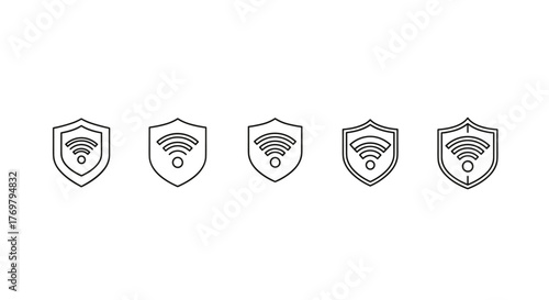 Set of five minimalistic line icons representing Wi-Fi signal strength within a shield, symbolizing secure wireless network connectivity, ideal for web design, app interfaces, social media, and
