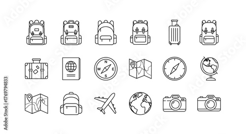 A versatile collection of outline icons representing travel and school essentials, including backpacks, suitcases, passports, compasses, maps, airplanes, globes, and cameras, presented in a clean