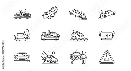 Collection of stylized line art icons depicting various car accident scenarios, including head-on collisions, rollovers, vehicles in water, tow trucks, damaged cars, and emergency services, perfect