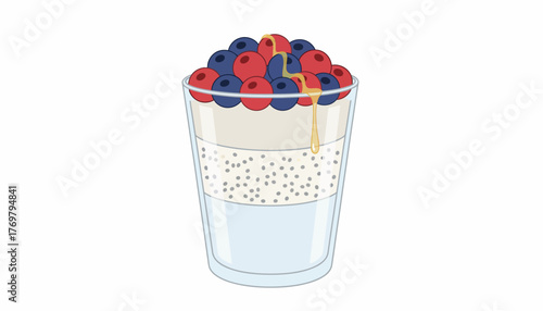 Chia seed parfait glass with layered milk, yogurt, chia, fresh blueberries and raspberries, drizzled honey on top healthy, fresh breakfast or dessert on white background