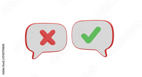 Vivid 3D illustration featuring two speech bubbles, one with a red 'X' icon symbolizing rejection or a wrong answer, and the other with a green checkmark indicating approval or a correct choice, set
