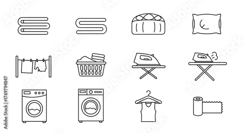 Set of clean and neat vector icons representing various linen and laundry items, including folded towels, a pillow, clothes on a drying line, a laundry basket, irons on ironing boards, washing