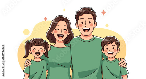 A joyful family of four, including parents and two children, stands closely together, all wearing matching green t-shirts and smiling warmly with wide, happy expressions, radiating a sense of unity