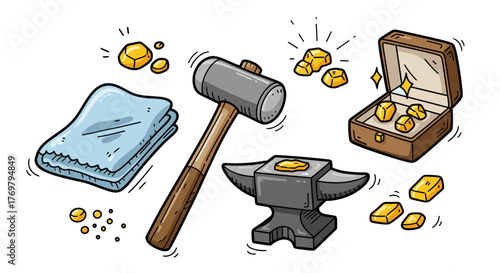 Whimsical hand-drawn doodle illustration depicting the intricate process of jewelry crafting, featuring a sturdy hammer poised over an anvil, a soft polishing cloth, a treasure box filled with