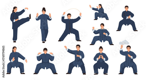 Collection of Tai Chi and Qigong practitioners demonstrating various slow, deliberate movements in traditional blue attire, embodying the calm and meditative aspects of this Chinese martial art and