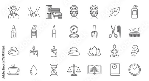A comprehensive collection of beauty and spa icons, perfect for representing spa treatments, cosmetic services, and the concept of a healthy lifestyle. This set includes icons for face and body care
