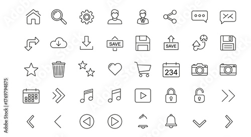 A comprehensive collection of clean, minimalist line icons for UI and UX design, featuring essential symbols like home, search, settings, user profiles, share, chat, delete, arrows, cloud download