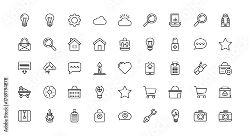 A comprehensive collection of flat, ordered line icons, presented against a clean white background, featuring a diverse range of symbols for digital interfaces and applications, meticulously designed