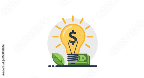 Illuminating light bulb with a dollar sign inside, symbolizing financial success and innovative business ideas, accompanied by green banknotes and a fresh leaf, representing growth and prosperity in