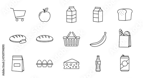 A collection of simple, modern line art icons representing grocery items and shopping essentials, perfect for digital and print design projects. Includes a shopping cart, apple, milk cartons, bread