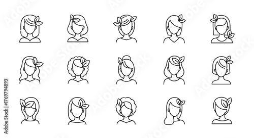 Set of 15 stylized line art icons representing diverse women's hairstyles and profiles, each adorned with a delicate leaf motif, perfect for beauty, wellness, and natural product branding on a clean