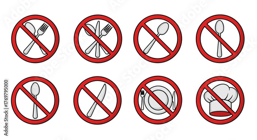Collection of eight prohibition signs featuring cutlery and a chef's hat, symbolizing restrictions on eating, dining, and food preparation, ideal for graphic design, books, adverts, and apps