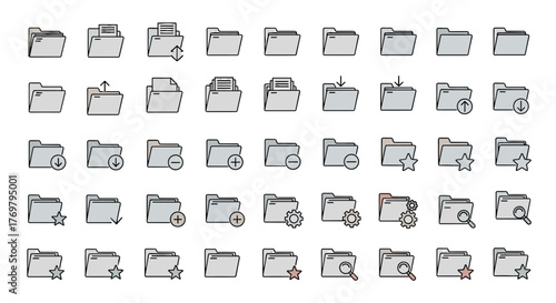 Minimalistic linear folder icon pack featuring a variety of actions and states, including upload, download, add, remove, favorite, search, and settings, presented as clean vector cartoon