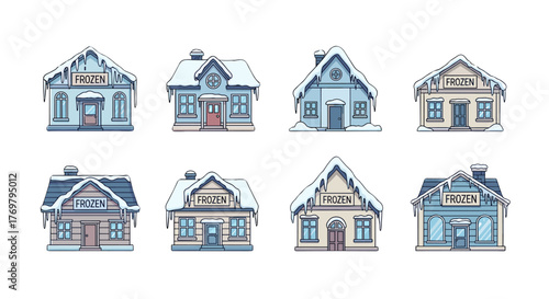 Collection of eight stylized cartoon houses covered in snow and icicles, each featuring a "FROZEN" sign, isolated on a black background, representing winter and cold weather themes for various