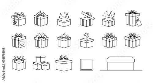 Collection of outline gift boxes with ribbons and bows, some open with confetti, a star, a question mark, and a heart, perfect for graphic design, web design, apps, adverts, and various cards