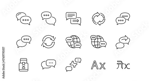 A collection of minimalist line-style icons representing language translation, perfect for apps and websites, presented on a clean white background. This ordered set of icons avoids text, focusing on