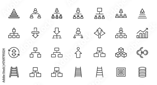 Hierarchy and Organization Icons Pack: A collection of thin line icons representing organizational structures, team management, growth charts, and process flows, ideal for business, technology, and