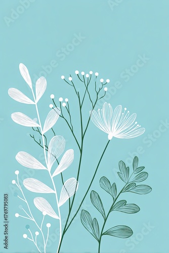 Minimalist floral illustration featuring delicate white flowers and green leaves on a pale blue background, perfect for modern design mockups with copy space