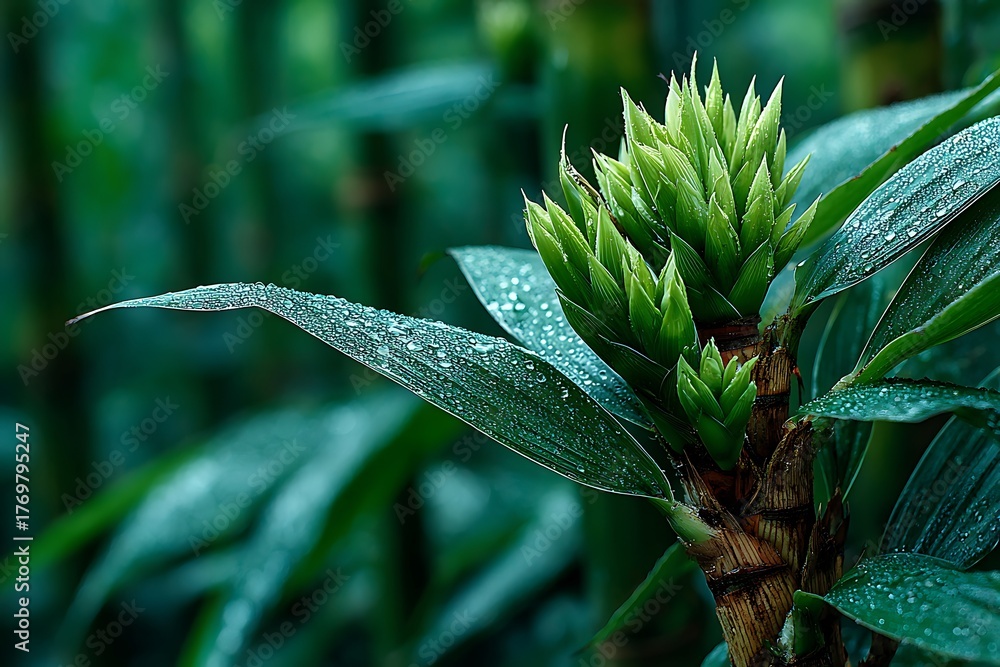 Fototapeta premium Bamboo sprouts shining with droplets of rain high resolution picture