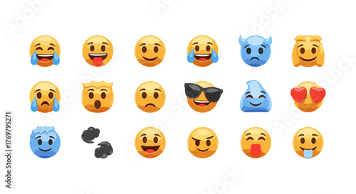 A vibrant collection of diverse emoji faces expressing a wide range of emotions, from joy and laughter to sadness and surprise, rendered in a modern, colorful, and expressive 3D style, perfect for
