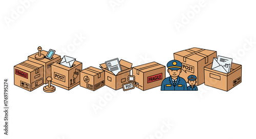 Vector cartoon illustration of a postal service scene, featuring a line of various cardboard boxes, some marked 'FRAGILE' and 'POST', alongside stamps, envelopes, and two friendly postmen