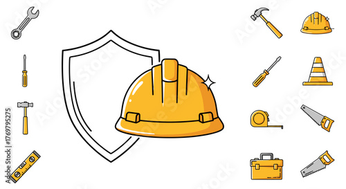 Vibrant yellow hard hat and shield outline illustration, surrounded by essential construction tools like wrenches, screwdrivers, hammers, saws, tape measures, and a toolbox, perfect for graphic