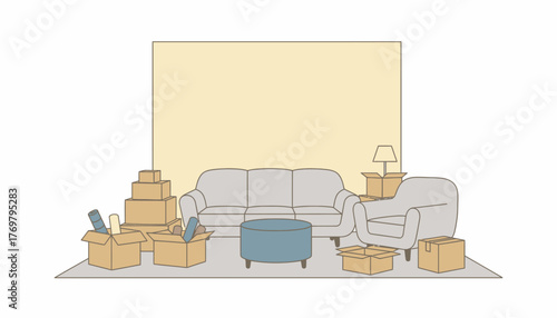 A living room filled with unpacked boxes and soft furniture with a large blank wall waiting to be decorated.