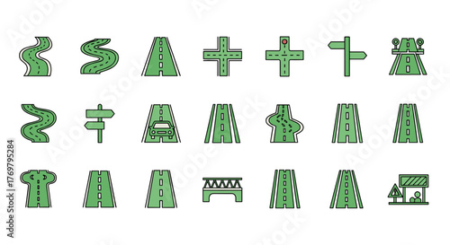 Bundle of minimalistic green road icons, featuring various road types like winding paths, highways, intersections, bridges, and directional signs, perfect for web design, app graphics, banners