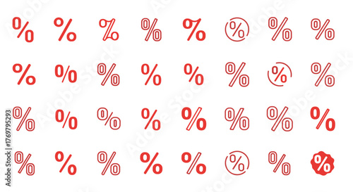 A vibrant collection of minimalistic red linear pictogram icons representing the percent symbol, perfect for web and graphic design, apps, banners, social networks, and cards, offering a clean and