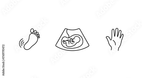 Fetal Movement Icon Set: A minimalist outline collection showcasing key milestones in pregnancy, including a kicking foot silhouette, an ultrasound image of a fetus, and a fetal hand, symbolizing