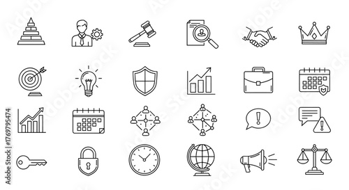 Set of outline icons related to management, administration, supervision, leadership, business, governance, linear icon collection, editable stroke, vector illustration on black background