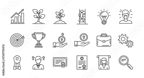 Set of editable vector icons representing success and growth, including personal, professional, and financial development, career advancement, goal achievement, innovation, and business progress