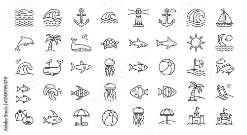 Collection of editable line icons representing the ocean and marine life, including waves, anchors, lighthouses, dolphins, palm trees, whales, turtles, sharks, jellyfish, fish, sun, moon, beach