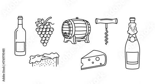 A minimalist and clean line icon set representing various wine-related elements, including a bottle of alcohol, grapes, a wine barrel, a corkscrew, cheese, and champagne, all designed with editable