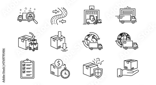 Set of Simple Vector Line Icons for Truck Logistics and Cargo Delivery Services, including Inspection, Route Planning, Warehouse Operations with Forklift, Global Shipping, Package Handling, and