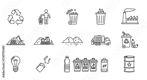 Collection of solid vector icons representing various aspects of waste management, including recycling bins, litter, pollution symbols, landfill graphics, composting elements, and waste sorting