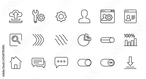 Outline set of user interface line icons, linear vector icons such as upload, setup, user setting, interface, search, shot, interface with a magnifier tool, progress, waves, pie chart, toggle switch