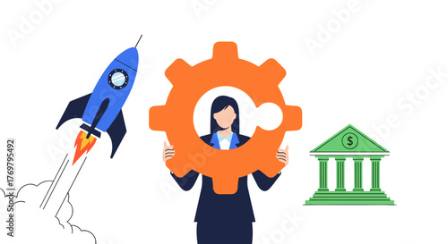 Vibrant illustration of a businesswoman holding a large orange gear-shaped puzzle piece, symbolizing teamwork and problem-solving, with a blue rocket launching on the left and a green bank icon on