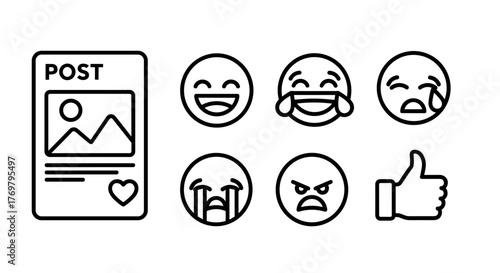 Set of social media interface elements including a post with a picture and heart icon, and various emoji reactions like laughing, crying, angry, and a thumbs up, presented as a clean white outline