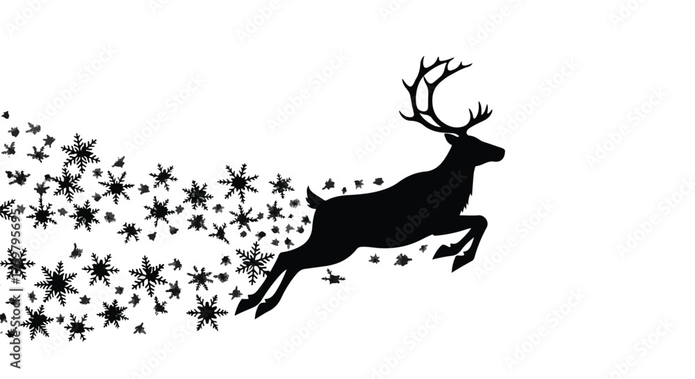 Obraz premium Majestic reindeer leaps through a flurry of falling snowflakes, embodying the magic of winter