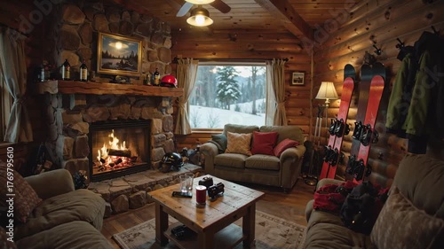Cozy Winter Lodge Living Room With a Fireplace and Ski Gear