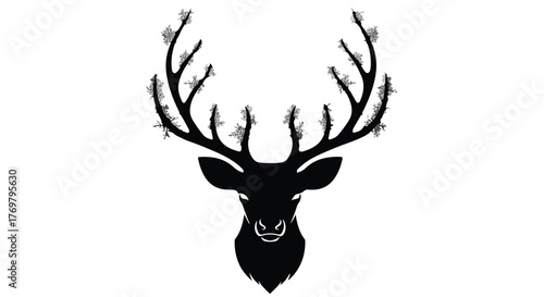 Majestic deer silhouette with intricate antlers adorned with delicate flowers