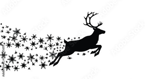 Majestic reindeer leaps through a flurry of falling snowflakes, embodying the magic of winter