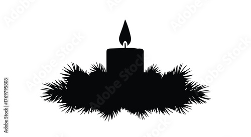 Silhouette of a lit candle nestled in evergreen branches, symbolizing quiet contemplation and the holiday season.