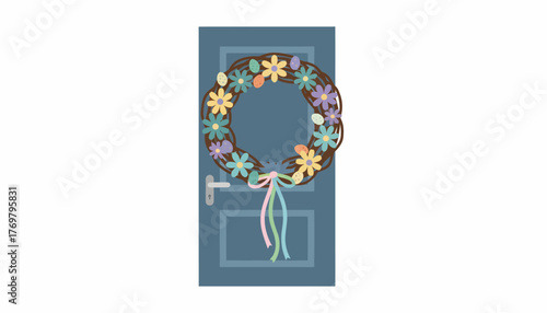 A handcrafted wreath made from twigs and wildflowers adorned with mini eggs and delicate ribbons hanging on a door.
