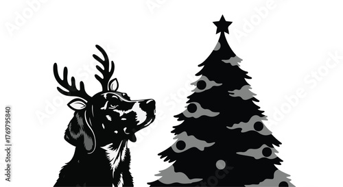 Festive dog wearing antlers curiously looks at a decorated Christmas tree