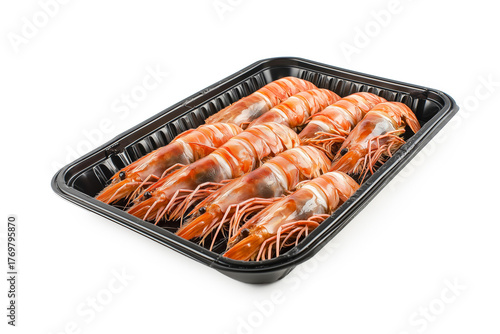 Black Tray of Ten Cooked Shrimp Neatly Arranged in Two Rows isolated on white